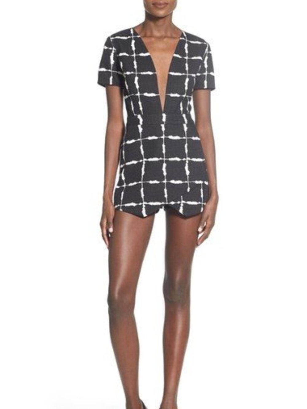 J.O.A. Black White Windowpane Plunge V-Neck Skort Romper Nordstrom Size L